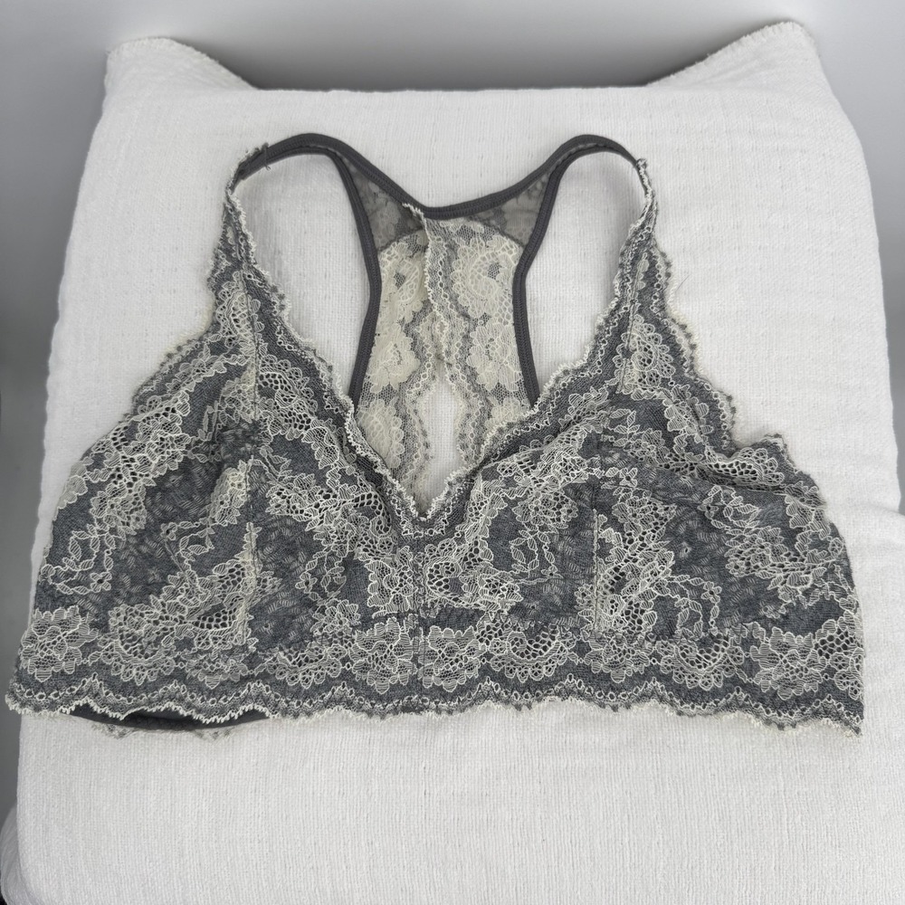 Felina Bralette Womens XL Gray Ivory Lace Racerback Wireless Hook Eye C3995‎